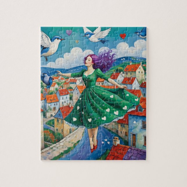 Puzzle Lady Flyinh Aux Cheveux Violets (Vertical)
