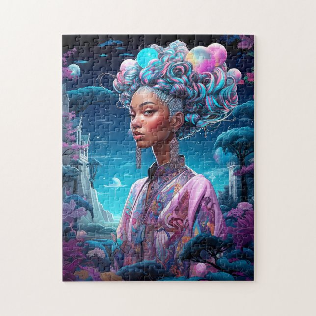 Puzzle Lady In Surreal World African American Art Purple (Vertical)