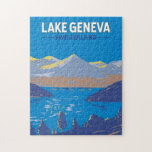 Puzzle Lake Geneva Suisse Travel Art Vintage<br><div class="desc">Le lac Léman sur le côté suisse de l'art vectoriel. Le lac Léman est un lac en forme de croissant partagé entre la France et la Suisse,  et dominé par les Alpes.</div>