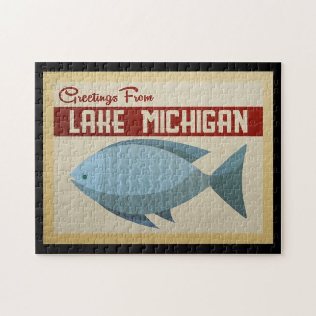 Puzzle Lake Michigan Blue Fish Vintage Travel (Horizontal)