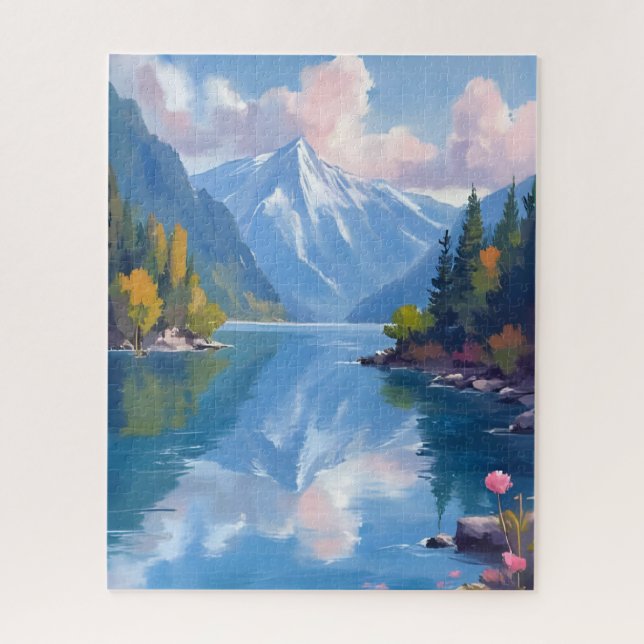 Puzzle Lake Tahoe Mountains Watercolor Nature Painting (Vertical)