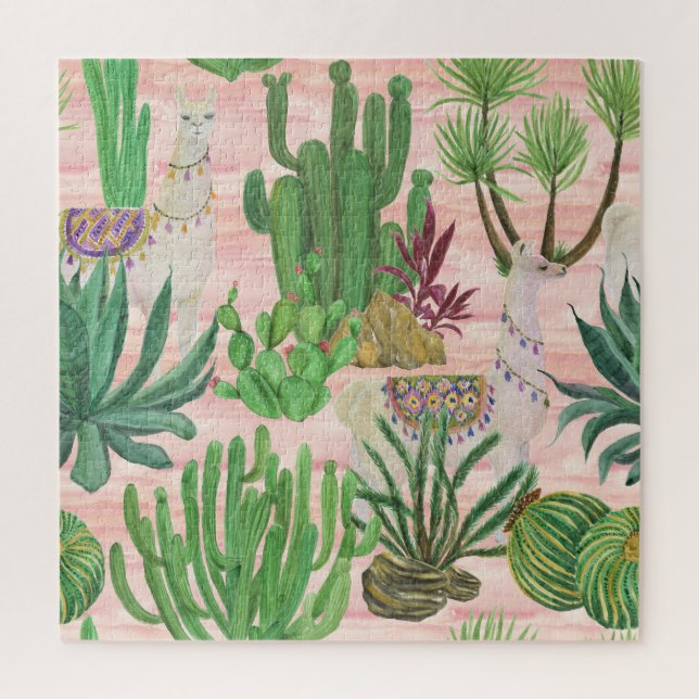 Puzzle Lamas aquarelle et motif cactus. (Vertical)