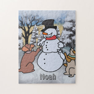 Puzzle L'amitié du bonhomme de neige, chien et chat   drô