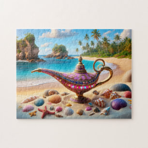 Puzzle Lampe de génie rose sur la plage paradisiaque