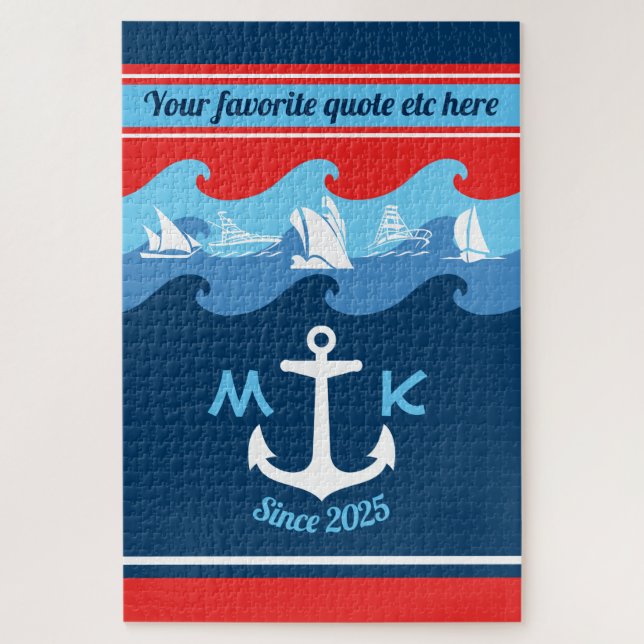 Puzzle L'Ancre de monogramme ondule nautique bleu blanc (Vertical)