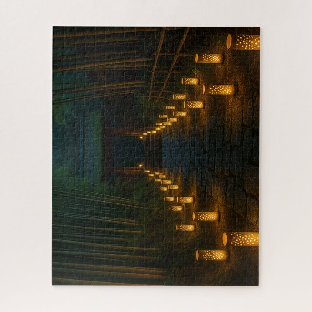 Puzzle Lantern-Lit Stone Path through Bamboo Grove (Vertical)