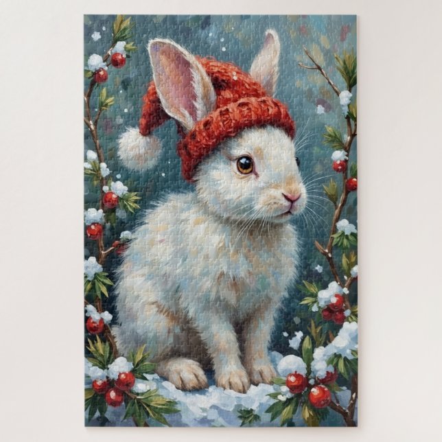 Puzzle Lapin blanc dans un chapeau de baies d'hiver calme (Vertical)