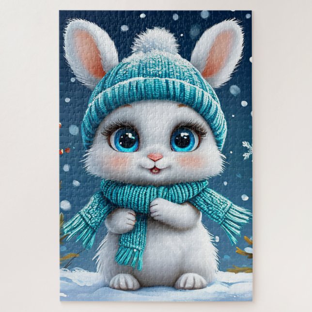 Puzzle ❄️ Lapin blanc d'hiver mignon Cadeau pour les enfa (Vertical)