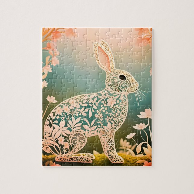 Puzzle Lapin d'art de printemps à fleurs blanches  (Vertical)