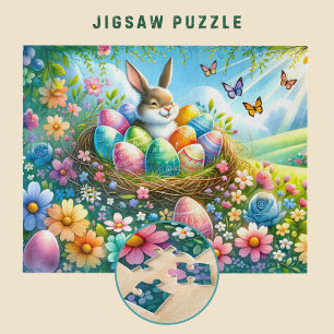 Puzzle Lapin de Pâques avec des oeufs dans le Jardin Fleu