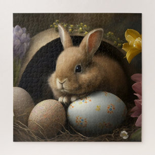 Puzzle Lapin de Pâques brun parmi les œufs et les fleurs