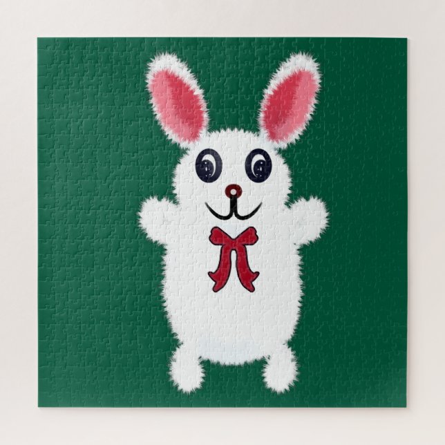 Puzzle Lapin de Pâques Mignon, Doux et Blanc avec un Nœud (Vertical)