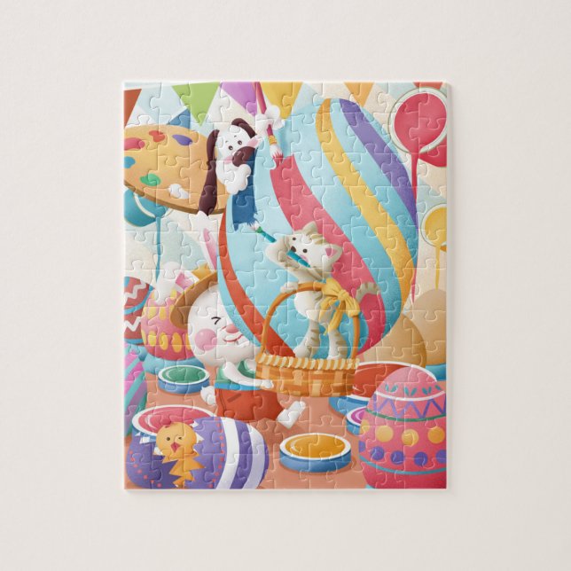 Puzzle Lapin de Pâques mignon Peinture de chat et de chie (Vertical)