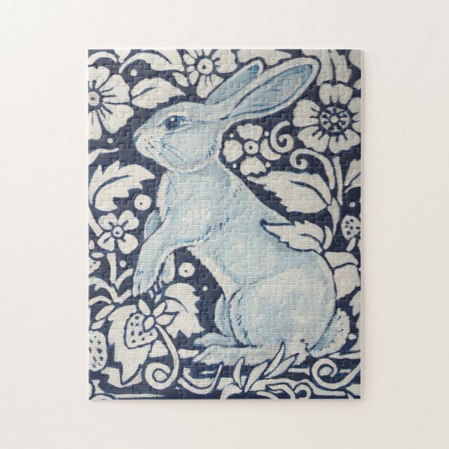 Puzzle Lapin et Fleurs Bleu et Blanc Monochrome (Vertical)