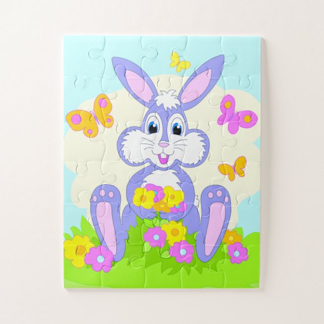 Puzzle Lapin Violet Mignon Papillons Fleurs Joyeux (Vertical)