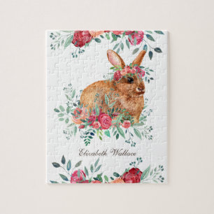 Puzzle Lapins Fleuris Roses Rouges de Bois Nom Enfants Mi
