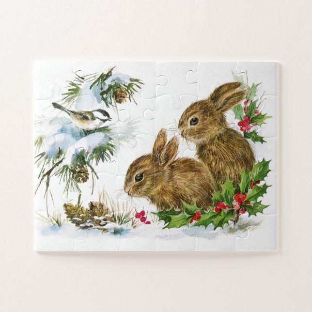 Puzzle Lapins mésanges Noël Holly Xmas (Horizontal)
