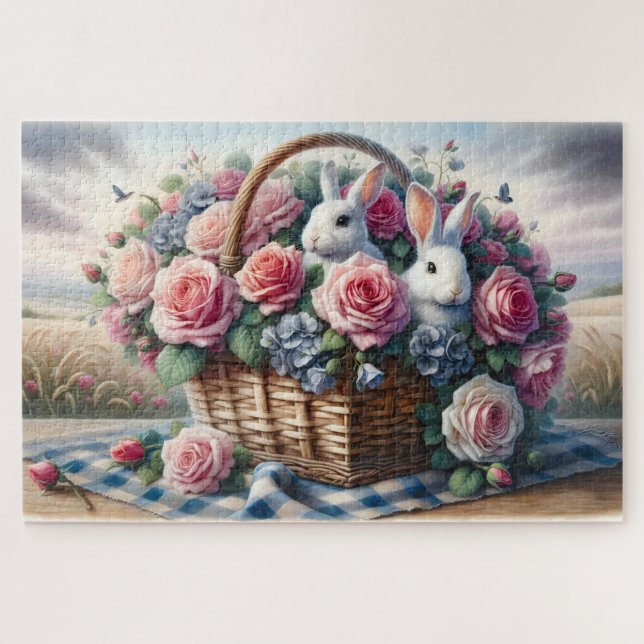 Puzzle Lapins nichés parmi les roses de cottage (Horizontal)