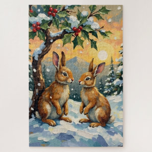 Puzzle Lapins Vintage sous l'Arbre de Houx Noël