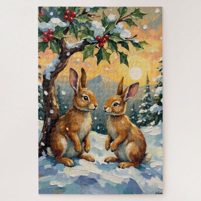 Puzzle Lapins Vintage sous l'Arbre de Houx Noël (Vertical)