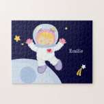 Puzzle L'astronaute Girl Kid personnalisée<br><div class="desc">Le puzzle personnalisé présente un thème d'espace cool. Personnalisez avec le nom de votre petite fille,  monogramme,  initiales ou texte de votre choix pour un cadeau unique. Cocoa Studio.</div>