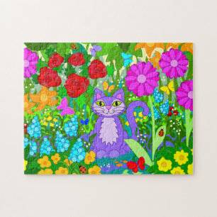 Puzzle Le chat de bande dessinée dans le jardin fleurit
