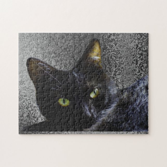 Puzzle Le chat noir avec un Arrière - plan Motif gris (Horizontal)