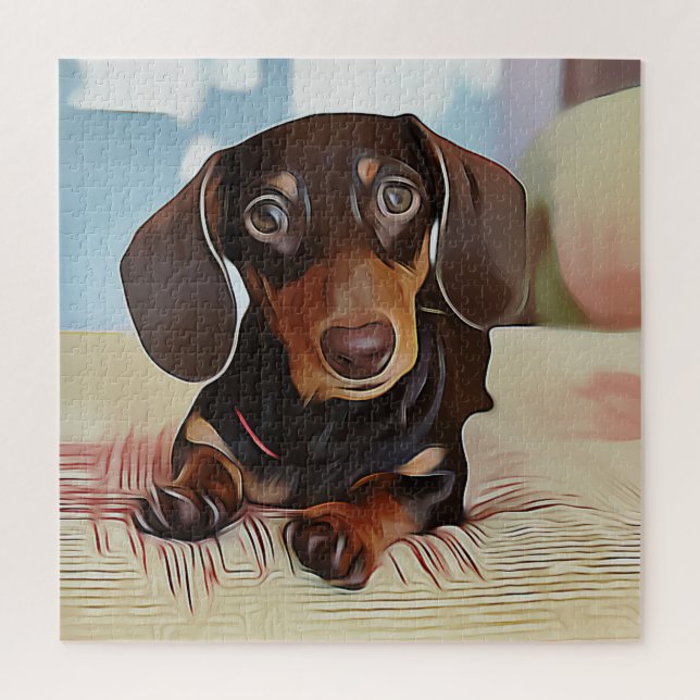Puzzle Le Chiot De Dachshund Est Assis Sur Un Canapé (Vertical)