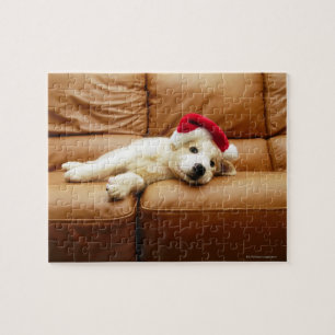 Puzzle Le chiot porte un casquette de Noël et le mensong
