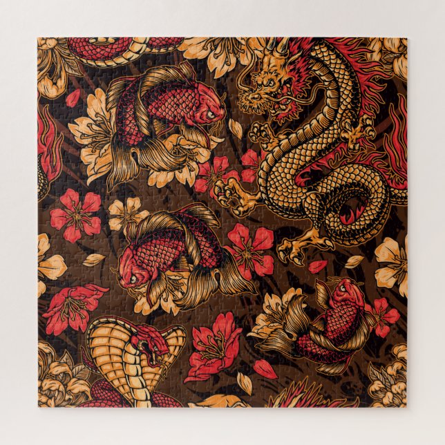 Puzzle Le dragon japonais koi motif. (Vertical)
