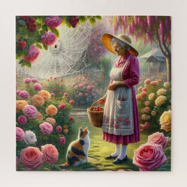 Puzzle Le jardin de roses de grand-mère - Chat calico et  (Vertical)