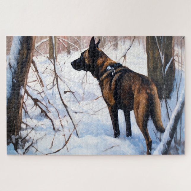 Puzzle Le Malinois Belge Laisser Neige Noël (Horizontal)