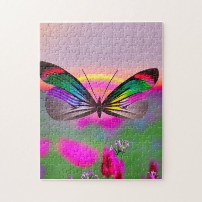 Puzzle Le papillon arc-en-ciel traverse un champ de fleur (Vertical)
