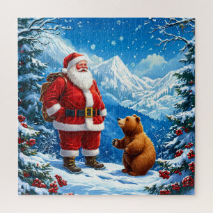 Puzzle Le Père Noël rencontre un ours amical dans la mont