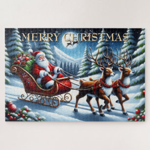 Puzzle Le traîneau du Père Noël à travers la forêt enneig