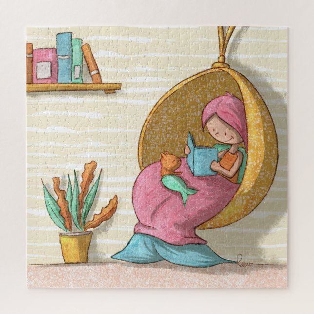 Puzzle Lecture cosy de sirène avec sirène de chat illustr (Vertical)