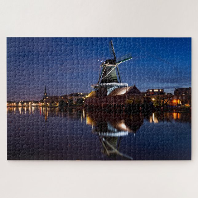 Puzzle Leidschendam moulin à vent avec réflexion la nuit (Horizontal)