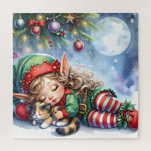 Puzzle L'elfe de Noël endormi avec un chaton calicot (Vertical)