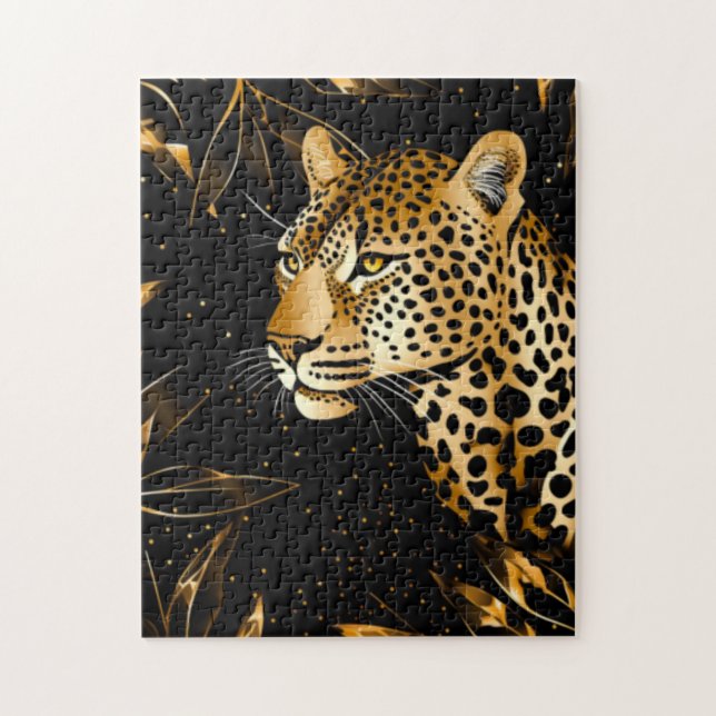 Puzzle Leopard Cheetah Black Gold Jungle Feuilles Safari (Vertical)
