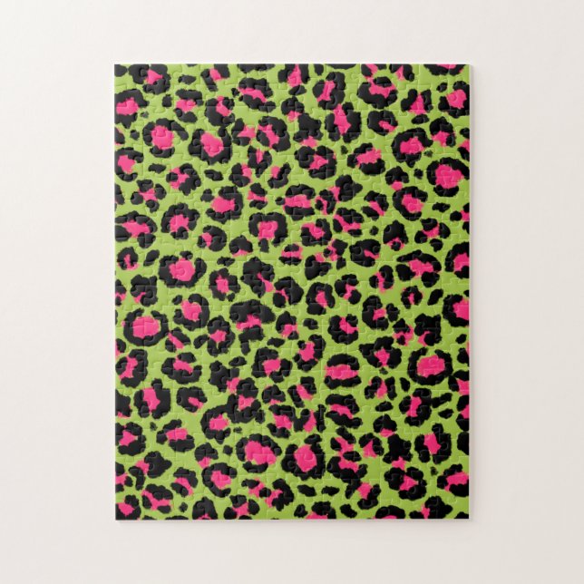 Puzzle Leopard Pattern in Raspberry on Lime Green (Vertical)