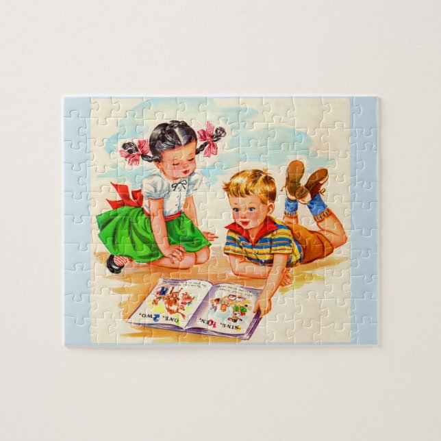 Puzzle Les années 1940 adorable fille et garçon et livre  (Horizontal)