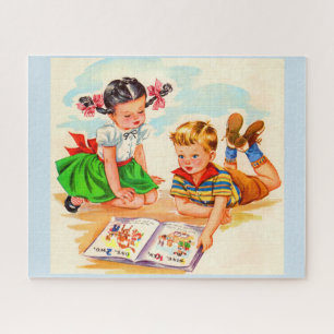Puzzle Les années 1940 adorable fille et garçon et livre 