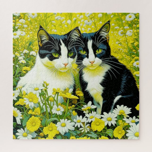 Puzzle Les chats adorables assis dans un champ de marguer (Vertical)