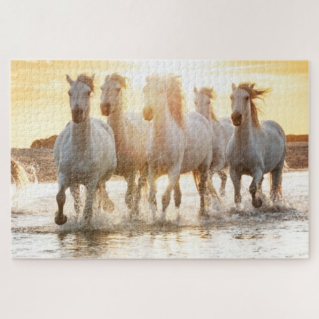 Puzzle Les Chevaux blancs sur la plage au coucher du sole (Horizontal)