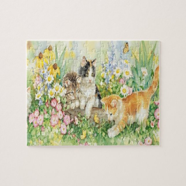 Puzzle Les Cutes Chatons Jouant Dans Un Jardin Fleuri (Horizontal)