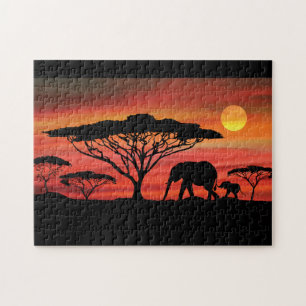 Puzzle Les éléphants dans le coucher du soleil du Serenge