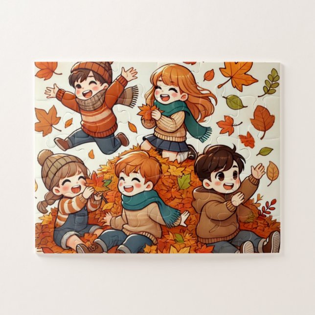 Puzzle Les enfants jouent avec un tas de feuilles tombés (Horizontal)