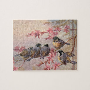 Puzzle Les oiseaux chiches en fleurs roses Printemps Vint