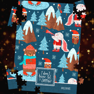 Puzzle Let it Snow Cute Animal Pattern with Name Blue