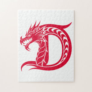 Puzzle Lettre D de style dragon, alphabet du dragon, mono